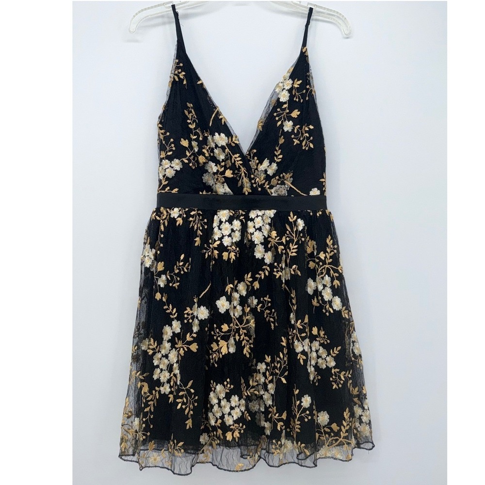 Express Black Floral Embroidered Mesh V-Neck Fit & Flare Mini Dress‎ Size 4 Gold